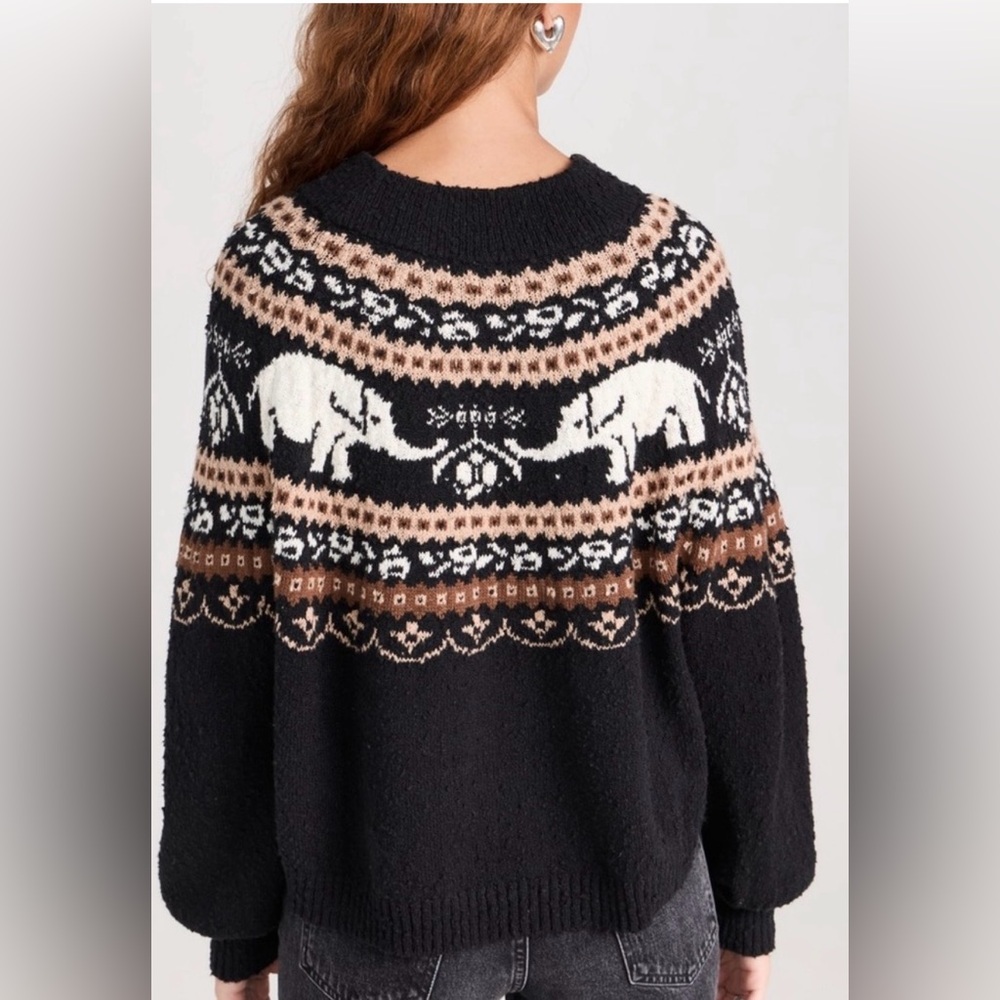Free People Nellie Fair Isle Elephant Boucle Knit Black Swearer Medium - Picture 2 of 10